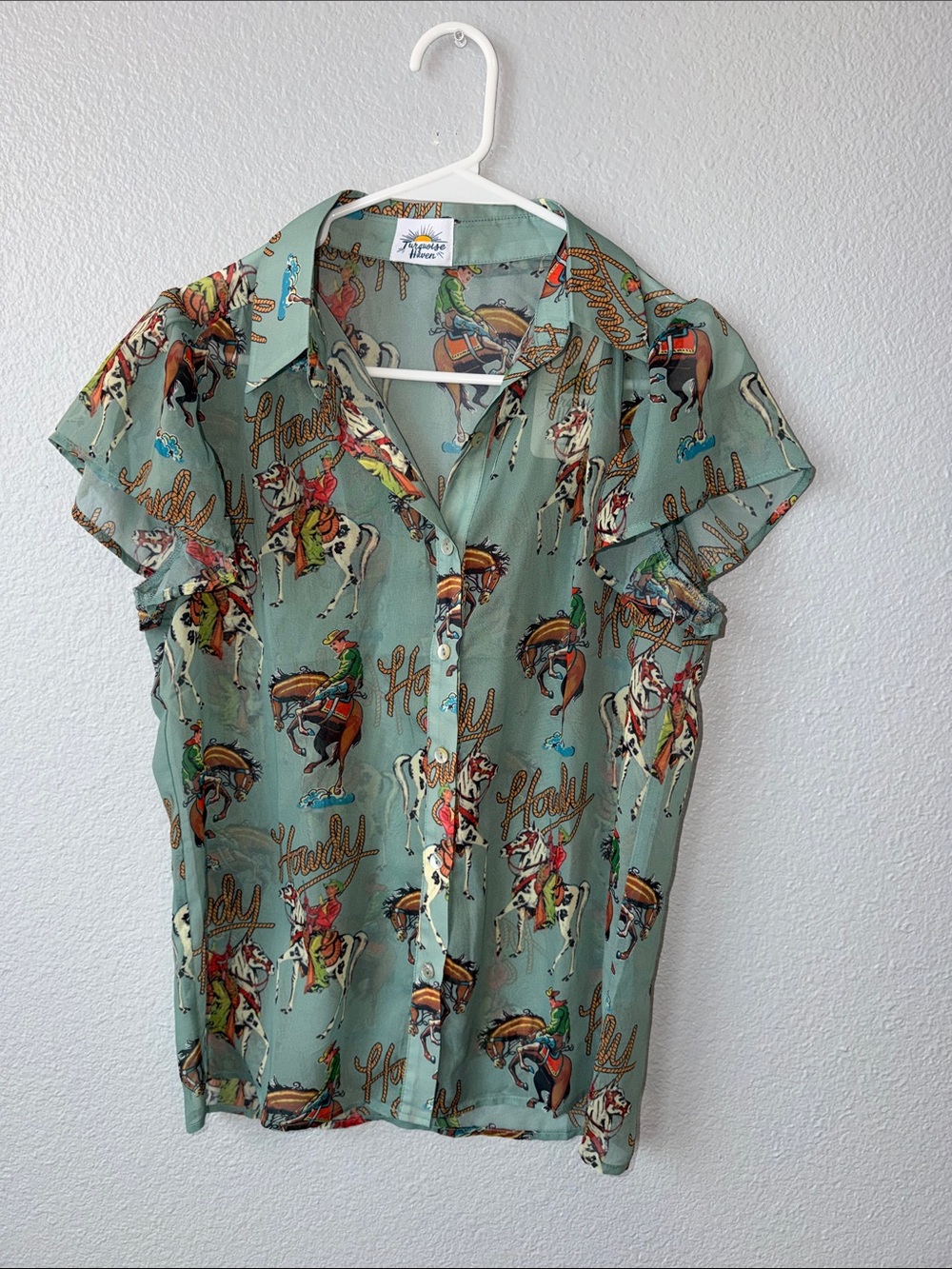 Turquoise Haven Sheer Riders Print Short-Sleeve Blouse- Sage Green